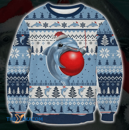 Merry Xmas Cute Dolphin And A Red Ball Gift For Christmas Party Ugly Christmas Sweater