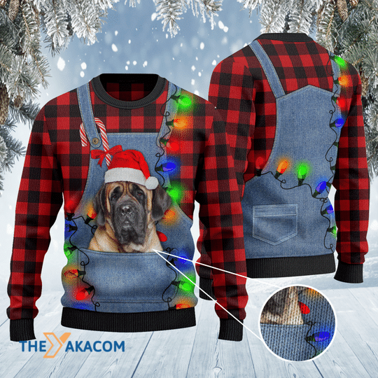 Merry Xmas Dog Lovers English Mastiff Red Plaid Shirt And Denim Bib Overalls Awesome Gift For Christmas Ugly Christmas Sweater