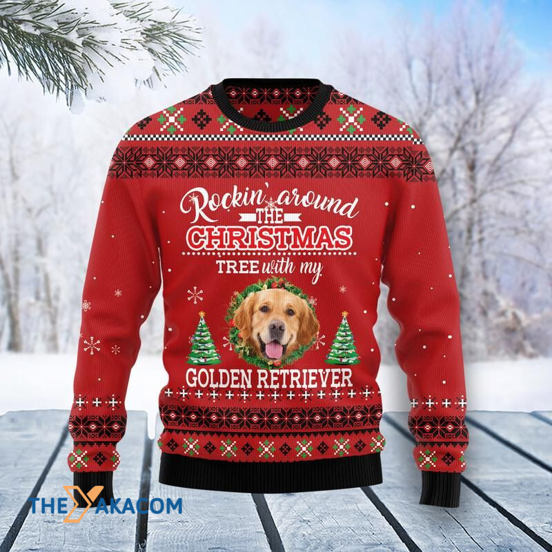 Merry Xmas Dog Lovers Golden Retriever Rockin' Red Awesome Gift For Christmas Ugly Christmas Sweater