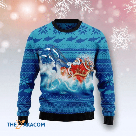 Merry Xmas Dolphin Riding The Waves With Santa Gift For Christmas Party Ugly Christmas Sweater