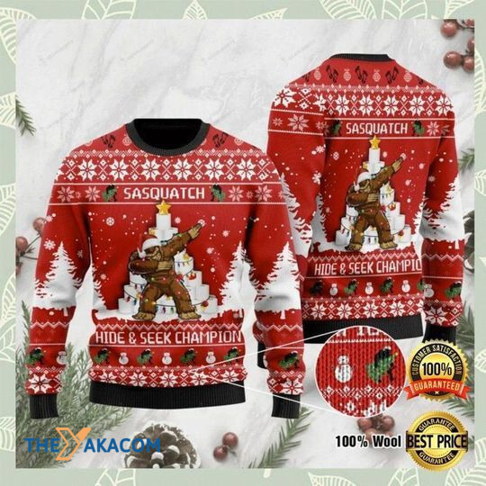 Merry Xmas Funny Bigfoot Hide And Seek Champion Vintage Pattern Ugly Christmas Sweater