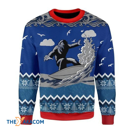 Merry Xmas Funny Bigfoot Surfing Blue Special Pattern Ugly Christmas Sweater