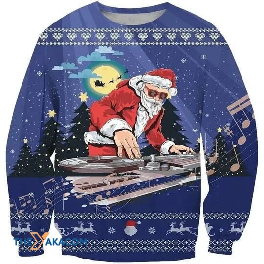 Merry Xmas Funny Blue Santa Claus Be A DJ With EDM Music Ugly Christmas Sweater