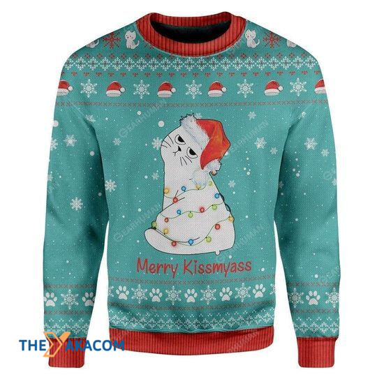 Merry Xmas Funny Cat Merry Kissmyass Gift For Christmas Party Ugly Christmas Sweater