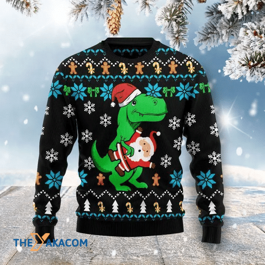 Merry Xmas Funny Dinosaur Carry Santa Clause Gift For Christmas Party Ugly Christmas Sweater