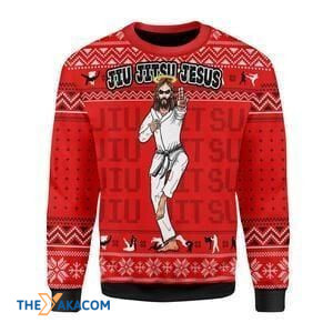 Merry Xmas Funny Jiu Jitsu Jesus Red Background Ugly Christmas Sweater