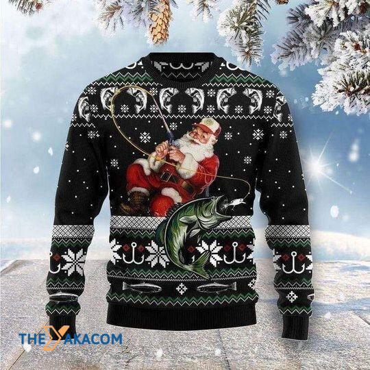 Merry Xmas Funny Santa Claus Fishing Black And Awesome Pattern Ugly Christmas Sweater