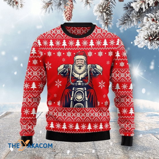 Merry Xmas Funny Santa Clause Ride A Motorcycle Awesome Pattern Ugly Christmas Sweater