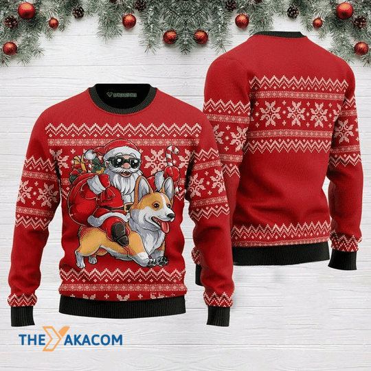 Merry Xmas Funny Santa Riding Corgi Gift For Christmas Party Ugly Christmas Sweater