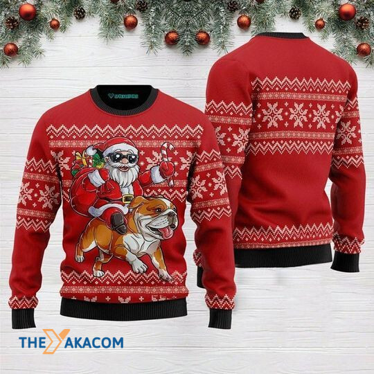 Merry Xmas Funny Santa Riding English Bulldog Gift For Christmas Party Ugly Christmas Sweater