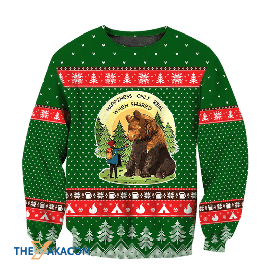 Merry Xmas Go Camping Play With Bear Happiness Only Real When Shared Gift For Christmas Party Ugly Christmas Sweater