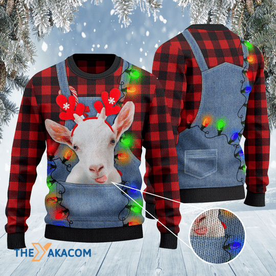 Merry Xmas Goat Red Plaid Shirt And Denim Bib Overalls Awesome Gift For Christmas Ugly Christmas Sweater