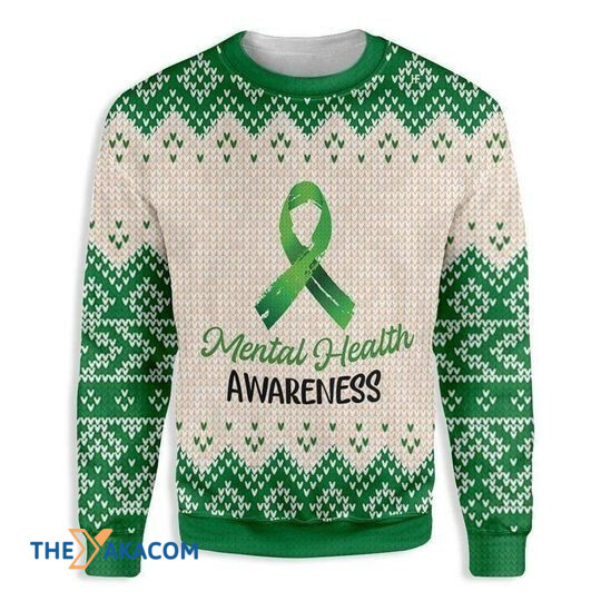 Merry Xmas Green Ribbon Mental Health Awareness Ugly Christmas Sweater