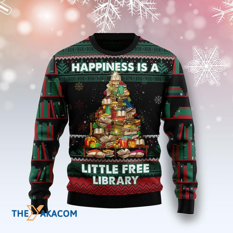 Merry Xmas Happiness Is A Little Book Free Library Awesome Gift For Christmas Ugly Christmas Sweater