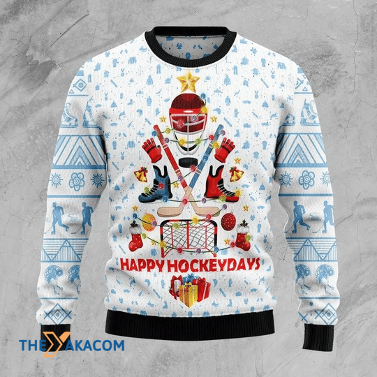 Merry Xmas Happy Hockey Day White Blue Ugly Christmas Sweater