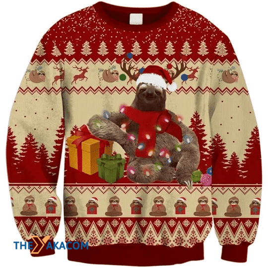 Merry Xmas Happy Sloth With Gift Red Special Pattern Ugly Christmas Sweater