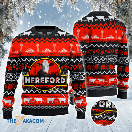 Merry Xmas Hereford Cattle Friends Red Black Pattern Awesome Gift For Christmas Ugly Christmas Sweater