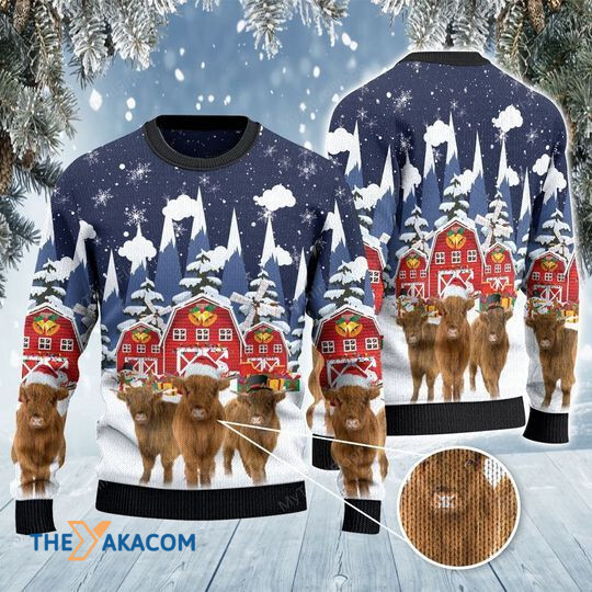 Merry Xmas Highland Cattle Friends Snow Farm Awesome Gift For Christmas Ugly Christmas Sweater