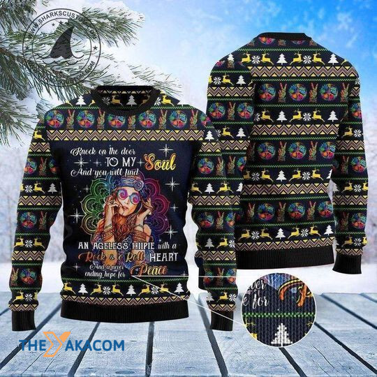 Merry Xmas Hippie Girl Wool Knock On The Door To My Soul And You Will Find Vintage Ugly Christmas Sweater