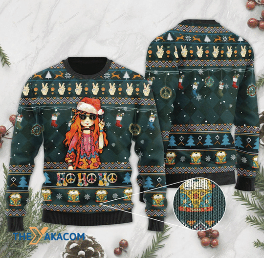 Merry Xmas Ho Ho Ho Amazing Hippie Say Hi Special Pattern Ugly Christmas Sweater