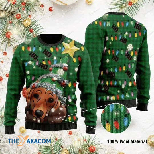 Merry Xmas Ho Ho Ho Dachshund Green And Colorful Light Gift For Christmas Party Ugly Christmas Sweater