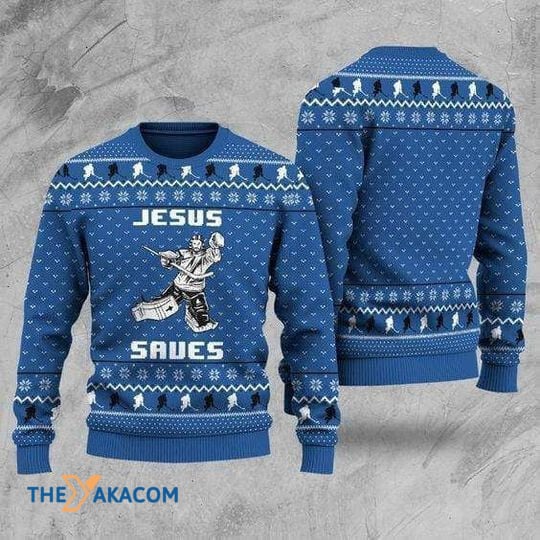 Merry Xmas Hockey Jesus Saves Blue Vintage Pattern Ugly Christmas Sweater