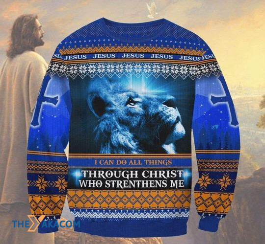 Merry Xmas I Can Do All Things Through Christ Lion Jesus Special Pattern Ugly Christmas Sweater