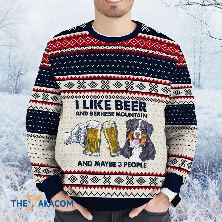 Merry Xmas I Like Beer And Bernese Mountain And Maybe Three People Awesome Gift For Dog Lovers Ugly Christmas Sweater