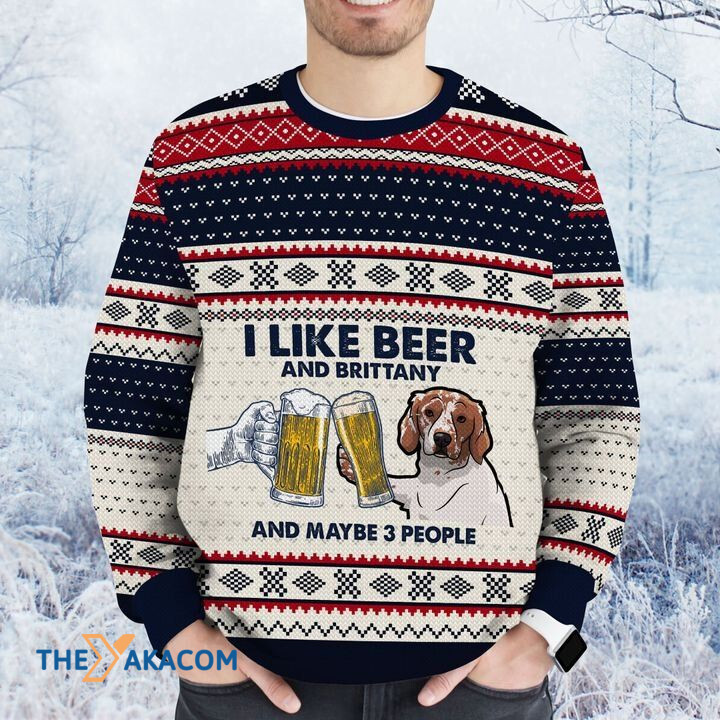 Merry Xmas I Like Beer And Brittany And Maybe Three People Awesome Gift For Dog Lovers Ugly Christmas Sweater