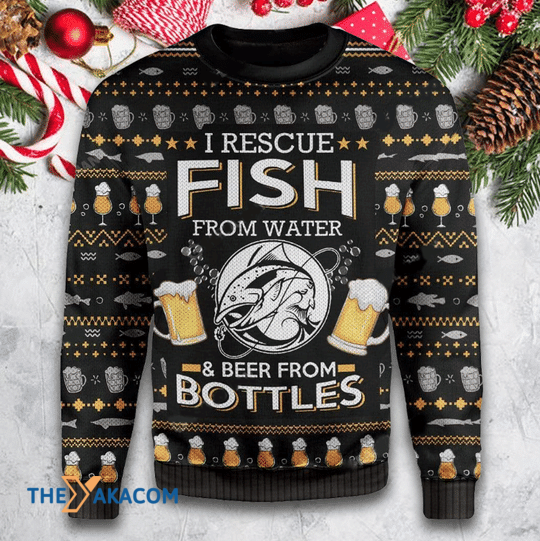 Merry Xmas I Rescue Fish From Water And Beer From Bottle Gift For Christmas Party Ugly Christmas Sweater