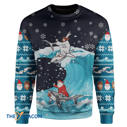 Merry Xmas Jesus And Santa Shark Rider Gift For Christmas Party Ugly Christmas Sweater