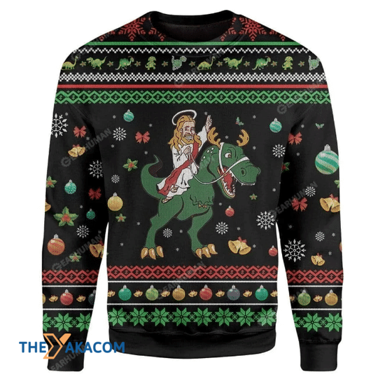 Merry Xmas Jesus Riding A Dinosaur Gift For Christmas Party Ugly Christmas Sweater