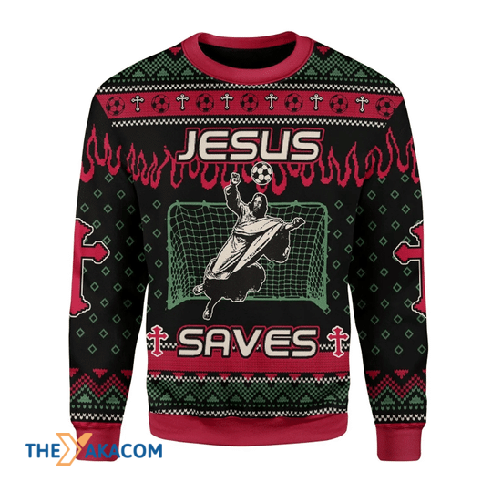 Merry Xmas Jesus Saves Football Gift For Christmas Party Ugly Christmas Sweater