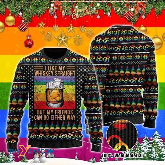 Merry Xmas LGBT I Like My Whiskey Straight But My Friends Can Go Either Way Ugly Christmas Sweater