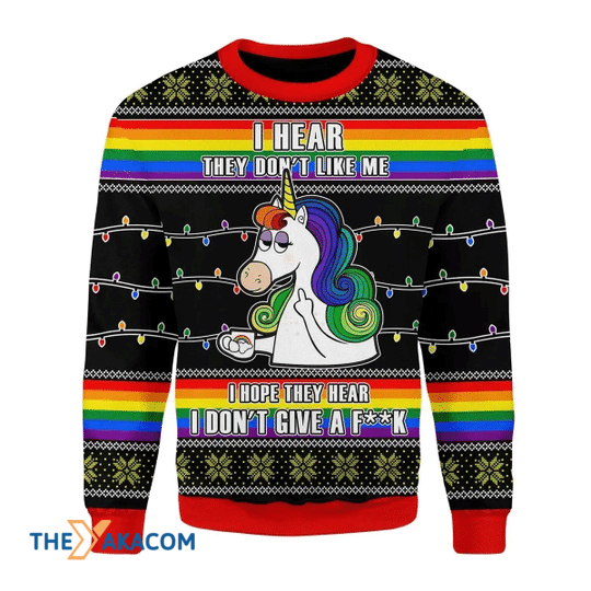 Merry Xmas LGBT Unicorn I Hear They Don't Like Me But I Don't Give A Fk Special Pattern Ugly Christmas Sweater