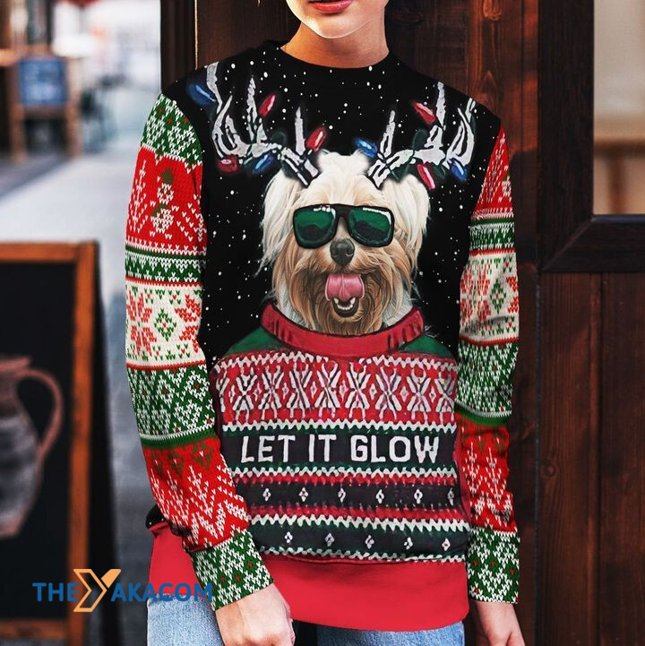 Merry Xmas Let It Glow Yorkie Awesome Gift For Dog Lovers Ugly Christmas Sweater