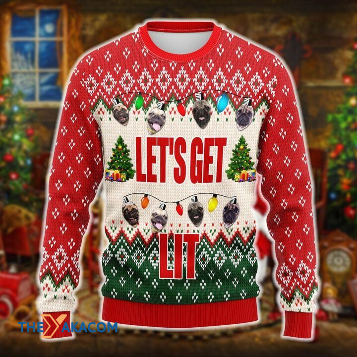 Merry Xmas Let's Get Lit With Amazing Pug Awesome Gift For Dog Lover Ugly Christmas Sweater