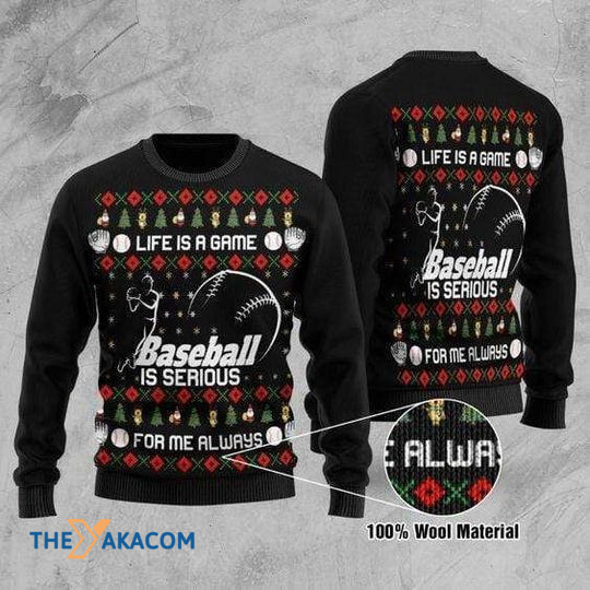 Merry Xmas Life Is Game Baseball Is Serious Vintage Pattern Ugly Christmas Sweater