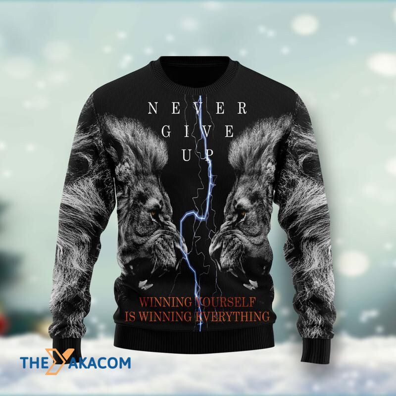 Merry Xmas Lion Winning Yourself Is Winning Everything Awesome Gift For Christmas Ugly Christmas Sweater