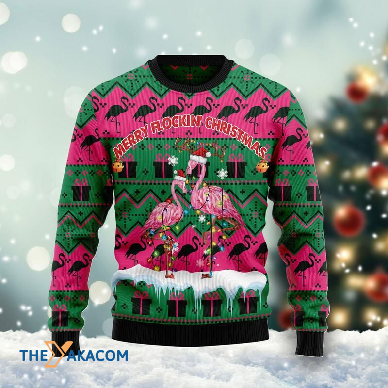 Merry Xmas Merry Flockin Christmas Flamingo Awesome Gift For Christmas Ugly Christmas Sweater