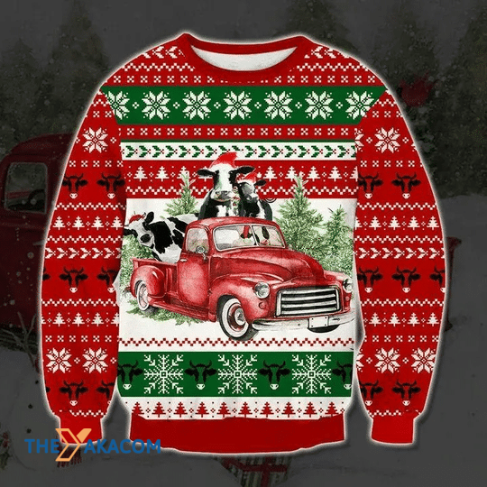 Merry Xmas Moey Christmas Cows And Red Car Gift For Christmas Party Ugly Christmas Sweater