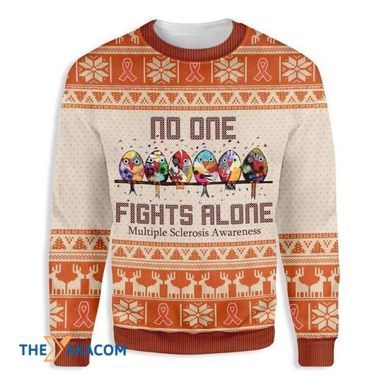 Merry Xmas No One Fights Alone Multiple Sclerosis Awareness Vintage Ugly Christmas Sweater