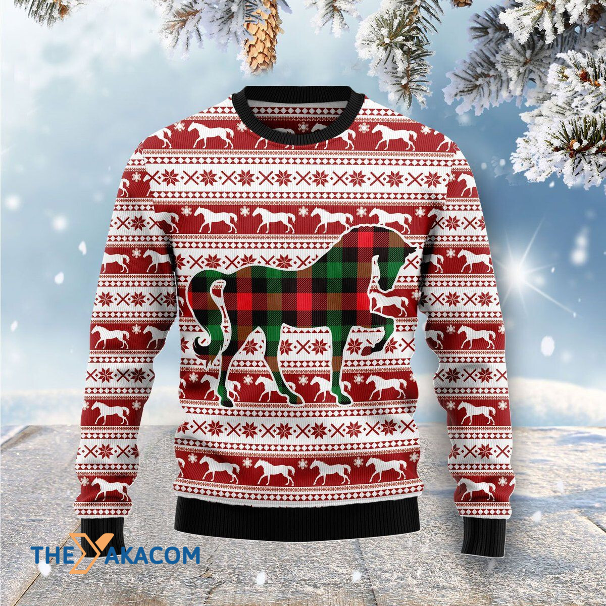 Merry Xmas Plaid Pattern Horse Awesome Gift For Christmas Ugly Christmas Sweater