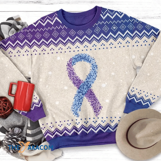 Merry Xmas Purple And Blue Ribbon Awareness Gift For Christmas Party Ugly Christmas Sweater