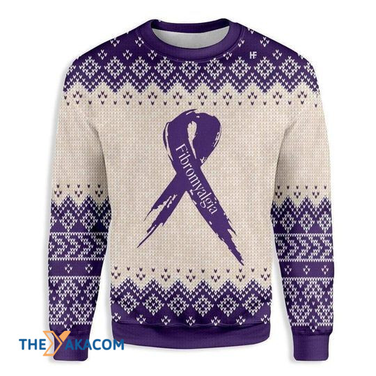 Merry Xmas Purple Ribbon Fibromyalgia Awareness With Awesome Pattern Ugly Christmas Sweater