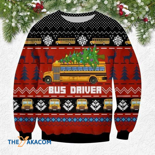 Merry Xmas Red Bus Driver Deliver A Christmas Tree Vintage Pattern Ugly Christmas Sweater