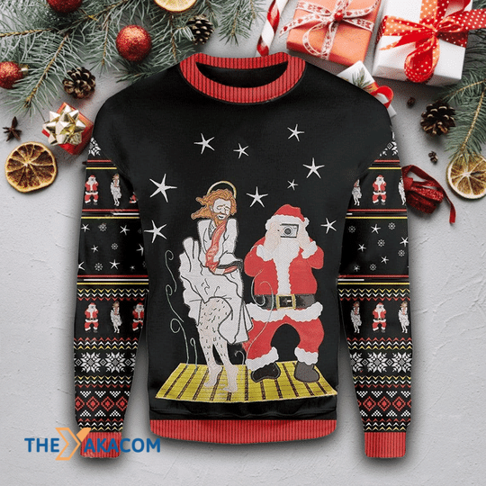 Merry Xmas Santa And Jesus Gift For Christmas Party Ugly Christmas Sweater