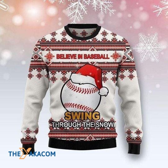 Merry Xmas Santa Clause Believe In Baseball Swing Through The Snow Ugly Christmas Sweater