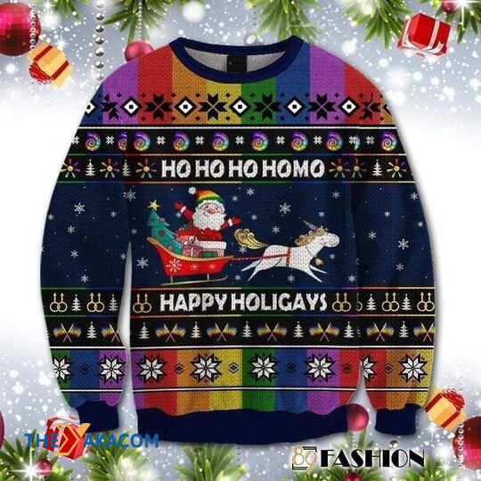 Merry Xmas Santa Clause Rainbow Unicorn Hohoho Homo Happy Holigays Special Pattern Ugly Christmas Sweater