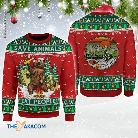 Merry Xmas Save Animals, Eat People Bear Beer Gift For Christmas Party Ugly Christmas Sweater